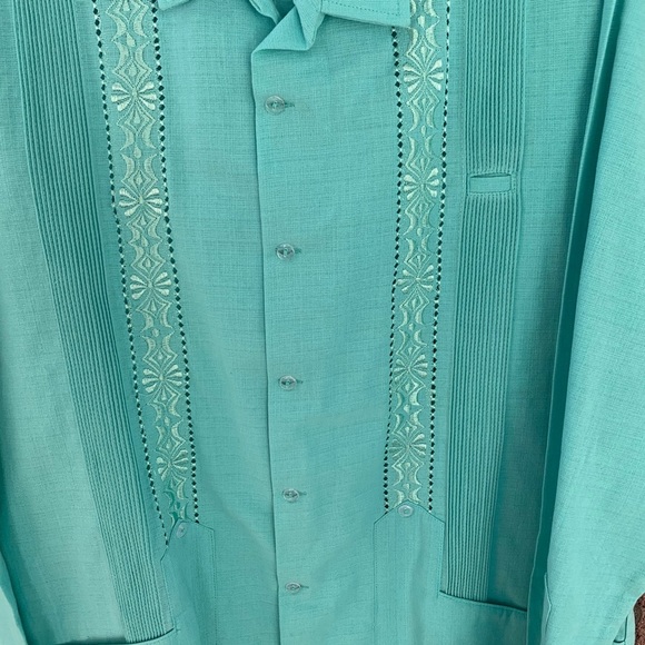 𝅺Guayabera Shirt Long Sleeve 100% Linen Teal NWOT - Picture 11 of 13